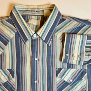 BIG MAN Western Shirt Men's 2X Blue Stripe Pearl Snap Long Sleeve Casual